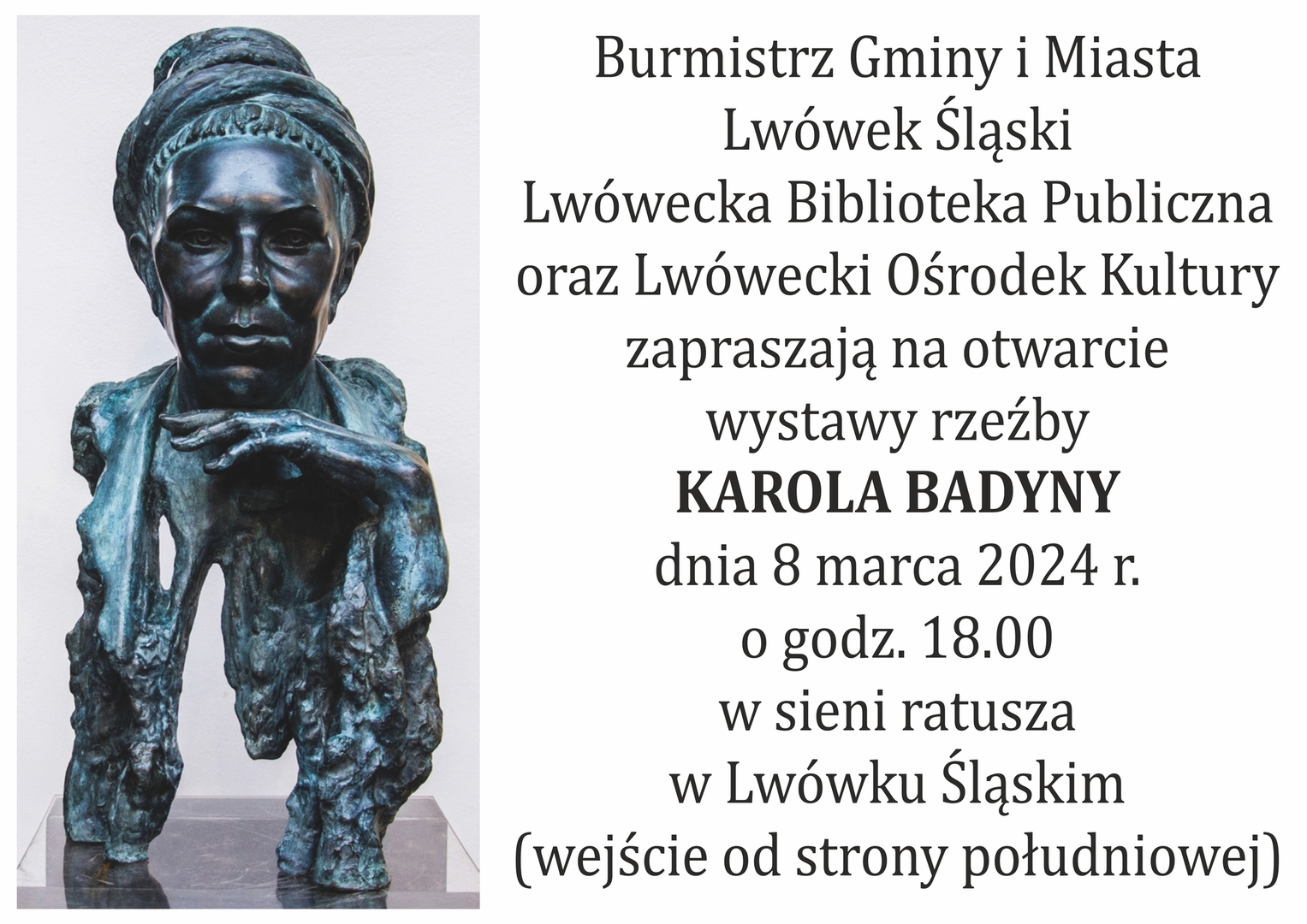 Zaproszenie na otwarcie wystawy rzeźb Karola Badyny
