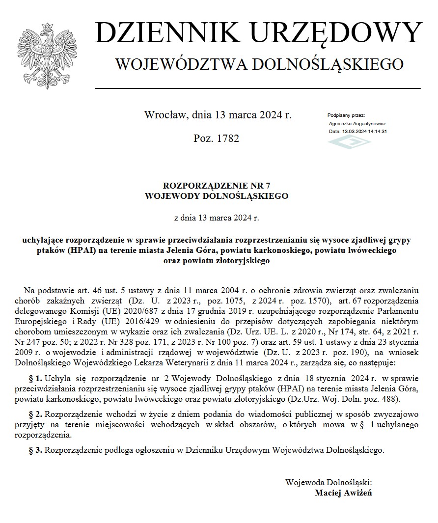 Rozporządzeniem nr 7 Wojewody Dolnośląskiego z dnia 13 marca 2024 r.