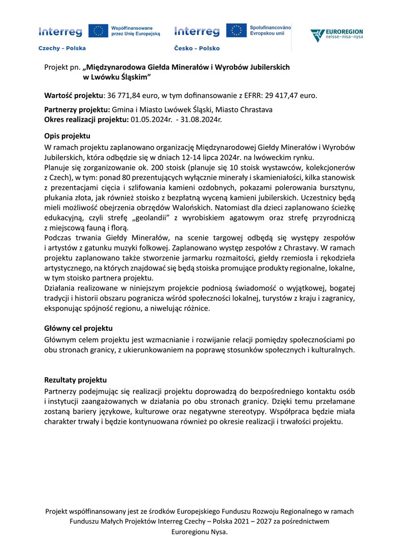 Projekt pn. Międzynarodowa Giełda Minerałów i Wyrobów Jubilerskich w Lwówku Śl.