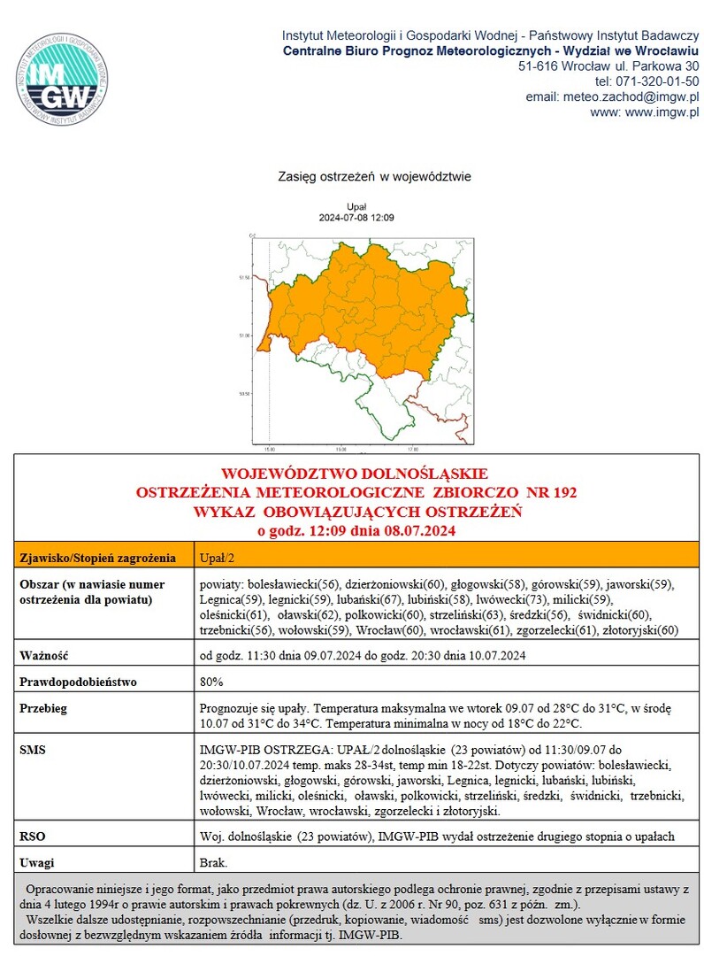 OSTRZEŻENIA METEOROLOGICZNE ZBIORCZO NR 192
