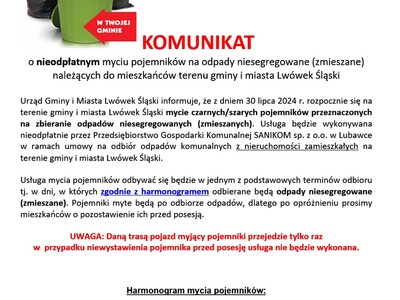 KOMUNIKAT 
o nieodpłatnym myciu pojemników na odpady niesegregowane