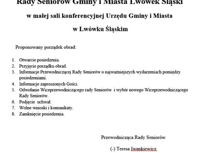 18 lipca 2024 r. o godz. 11.00
 odbędzie się VI posiedzenie
Rady Seniorów Gminy i Miasta Lwówek Śląski