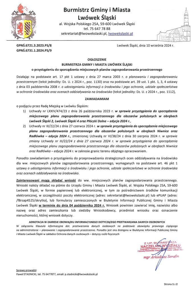OGŁOSZENIE BURMISTRZA GMINY I MIASTA LWÓWEK ŚLĄSKI