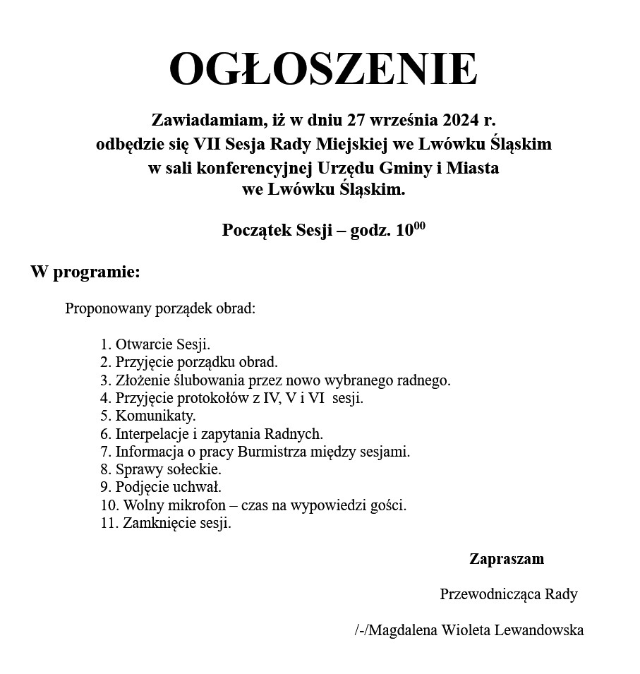 27 września 2024 r. odbędzie się VII Sesja Rady Miejskiej we Lwówku Śląskim
