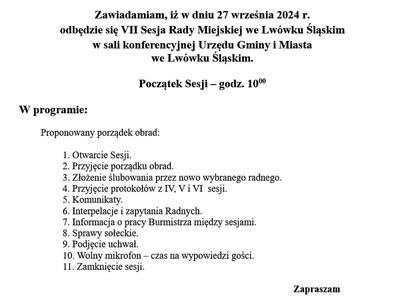 27 września 2024 r. odbędzie się VII Sesja Rady Miejskiej we Lwówku Śląskim