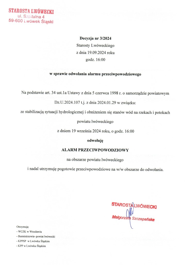 odwołanie alarmu przeciwpowodziowego