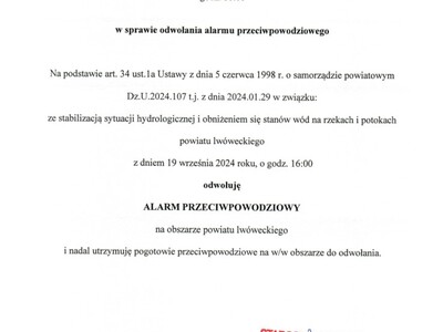 odwołanie alarmu przeciwpowodziowego