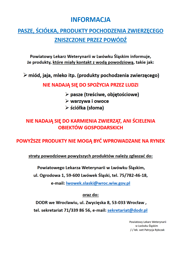 PASZE, ŚCIÓŁKA, PRODUKTY POCHODZENIA ZWIERZĘCEGO  
ZNISZCZONE PRZEZ POWÓDŹ 