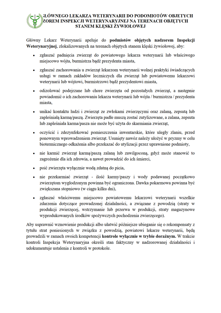 Apel Głównego Lekarza Weterynarii do podmiotów nadzorowanych przez Inspekcję Weterynaryjną które ucierpiały podczas powodzi