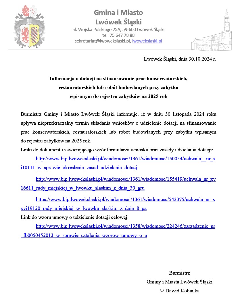 Informacja o dotacji na sfinansowanie prac konserwatorskich