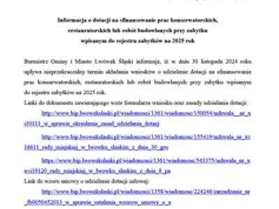 Informacja o dotacji na sfinansowanie prac konserwatorskich