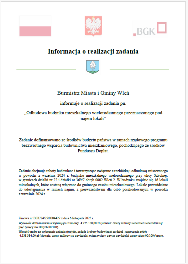 Informacja o realizacji zadania pn. ,,Odbudowa budynku mieszkalnego wielorodzinnego przeznaczonego pod najem lokali”