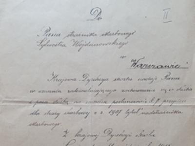 Pismo z 1918 roku informujące o nadaniu Sylwestrowi Wojdanowskiemu tytułu nadstrażnika skarbowego
