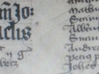 Wpis Jana s. Mikołaja z Sułkowic z 1405 r., pierwszy od dołu po prawej stronie