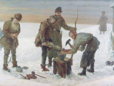 Zakuwanie w kajdany, obraz A. Sochaczewskiego, ryc. Wikimedia