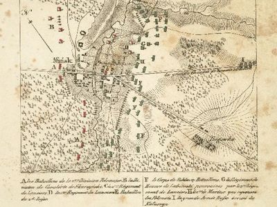 1831 - plan bitwy pod Mińskiem Mazowieckim (z 26 kwietnia, ale opatrzony błędną datą). 6. Pułk Ułanów atakował w miejsca oznaczonego literą B, ryc. Wikimedia