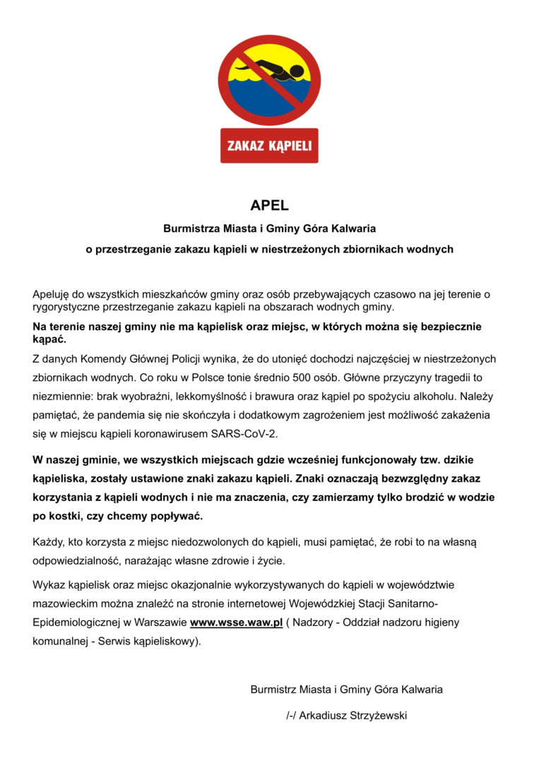 Apel o przestrzeganie zakazu kąpieli