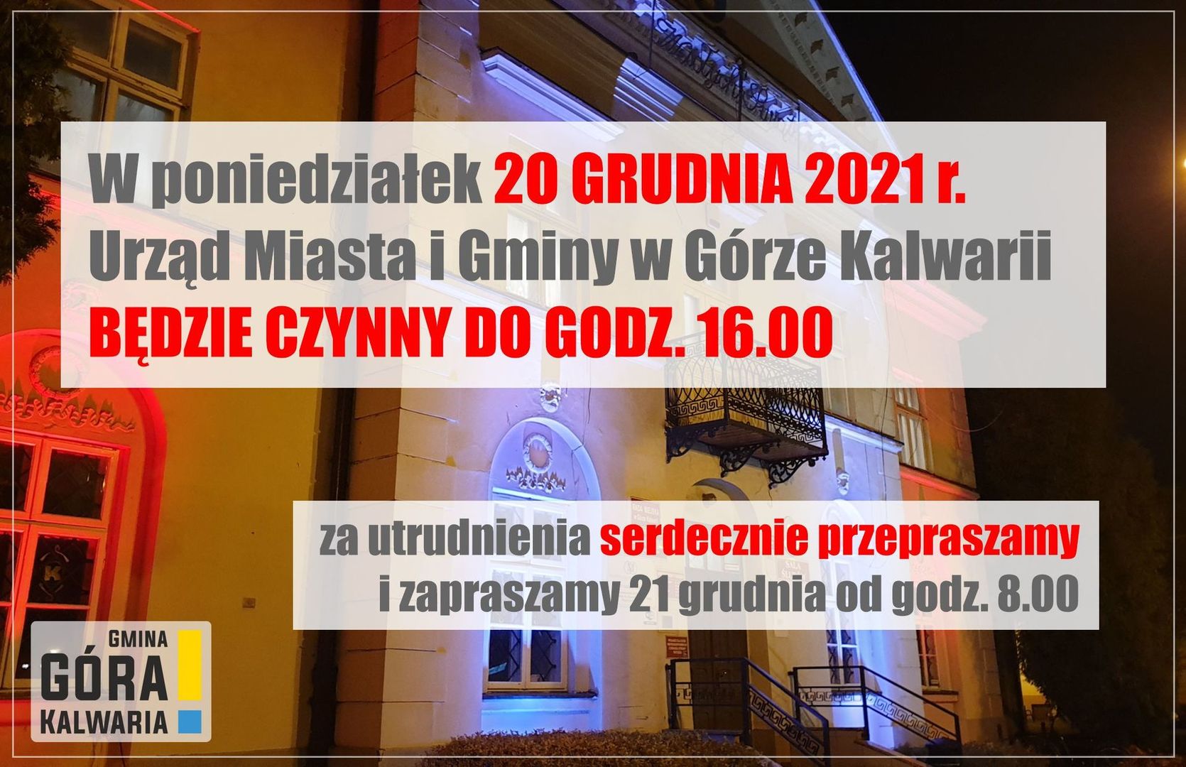 22 grudnia urząd gminy będzie czynny o godzinę krócej