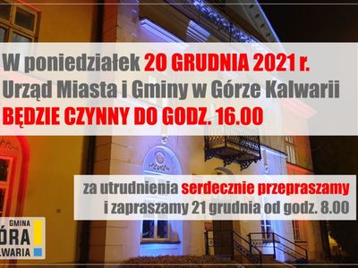 22 grudnia urząd gminy będzie czynny o godzinę krócej