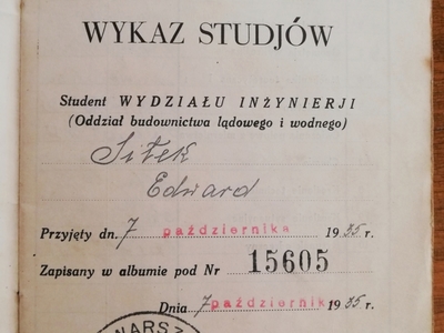 Dokument studencki Edwarda Sitka seniora