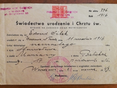 Świadectwo urodzenia i chrztu Edwarda Sitka seniora