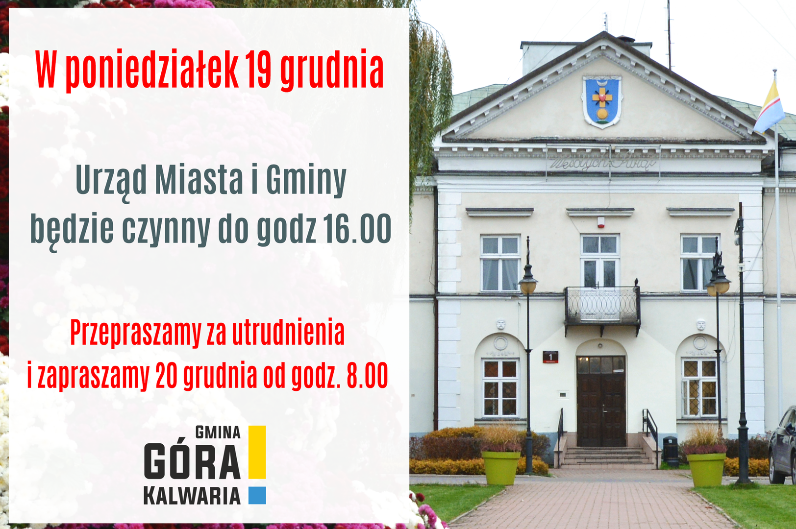 19 grudnia urząd czynny do godz. 16.00 