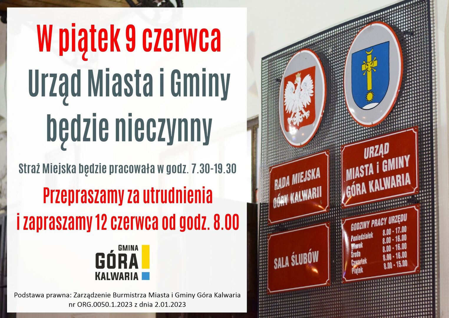 Urząd będzie nieczynny 9 czerwca 2023 r. 