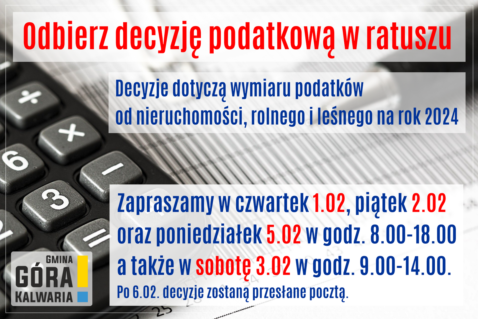 Urząd otwarty dłużej i w sobotę dla odbierających decyzje podatkowe