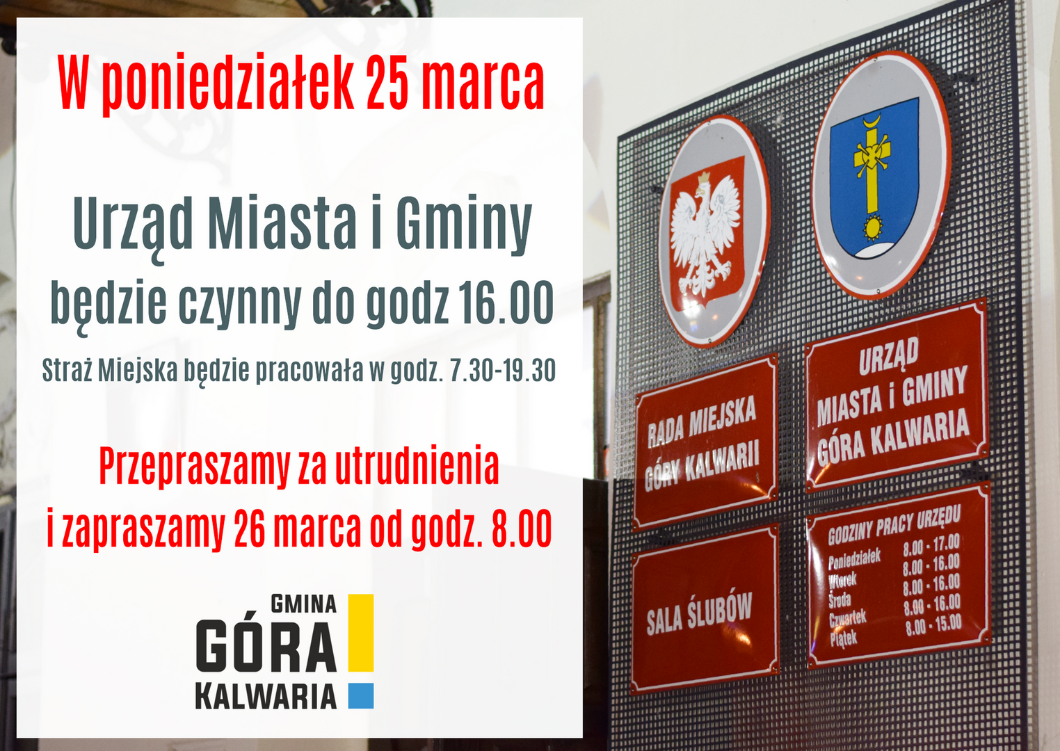 Urząd w poniedziałek czynny o godzinę krócej