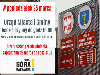 Urząd w poniedziałek czynny o godzinę krócej