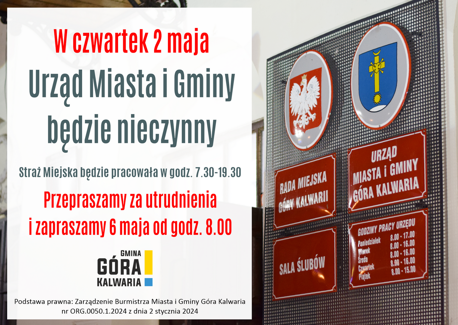 2 maja Urząd Miasta i Gminy będzie zamknięty