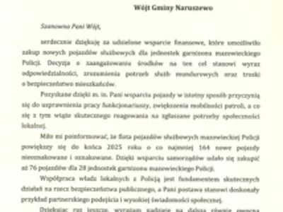 Podziękowanie dla Wójta Gminy Naruszewo