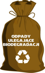 Brązowy worek na odpady z symbolem recyklingu i napisem "ODPADY ULEGAJĄCE BIODEGRADACJI".