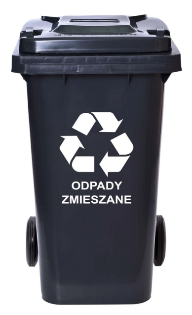 Czarny pojemnik na odpady zmieszane z białym symbolem recyklingu i napisem "ODPADY ZMIESZANE".