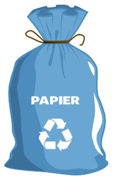 Niebieski worek na odpady z symbolem recyklingu i napisem 'PAPIER'.
