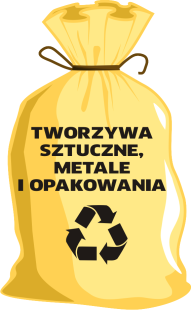 Żółty worek na odpady z symbolem recyklingu i napisem 'TWORZY SZTUCZNE, METALE I OPAKOWANIA'.