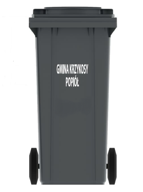 Szary pojemnik na odpady zmieszane z białym symbolem recyklingu i napisem 'GMINA KRZYKOSY POPIÓŁ'.