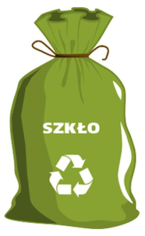 Zielony worek na odpady z symbolem recyklingu i napisem "SZKŁO".