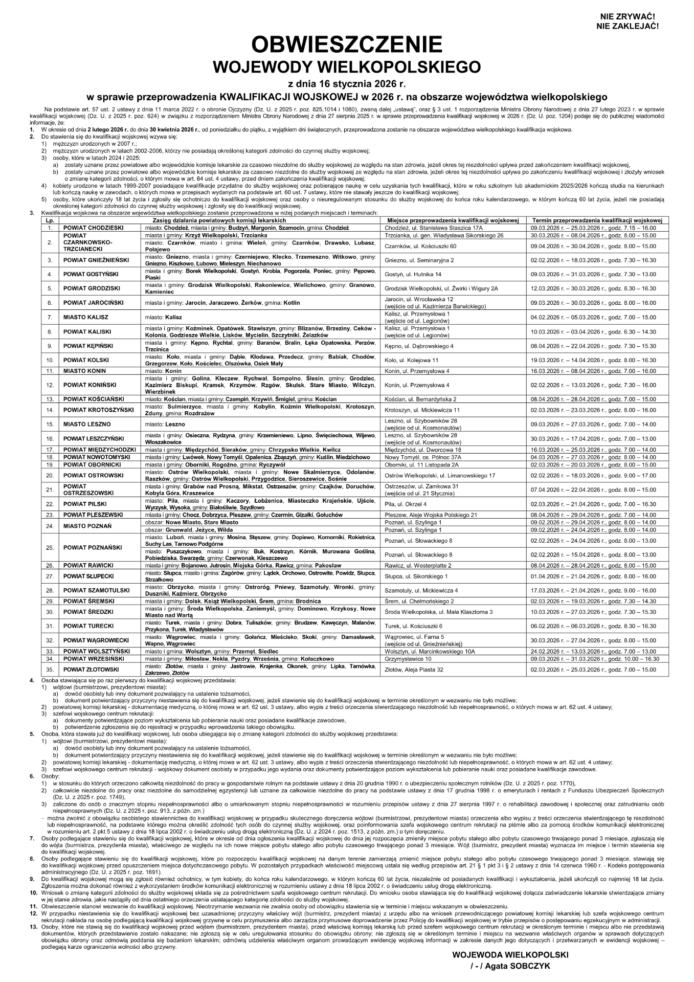 Obwieszczenie Wojewody Wielkopolskiego z dnia 16 stycznia 2026 r. w sprawie przeprowadzenia KWALIFIKACJI WOJSKOWEJ w 2026 r. na obszarze województwa wielkopolskiego