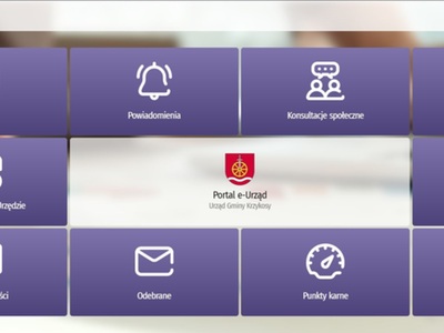 Zdjęcie przedstawia menu główne portalu e-Urząd, na którym widoczne są czerwone kafelki z białymi ikonami prowadzącymi do odpowiednich zakładek, a na środku i w lewym górnym rogu umieszczone jest herb Gminy Krzykosy.