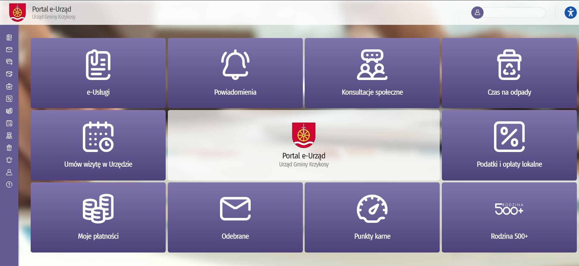 Zdjęcie przedstawia menu główne portalu e-Urząd, na którym widoczne są czerwone kafelki z białymi ikonami prowadzącymi do odpowiednich zakładek, a na środku i w lewym górnym rogu umieszczone jest herb Gminy Krzykosy.