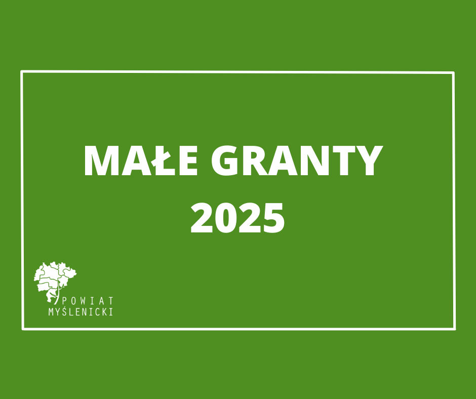 Plakat na zielonym tle, o treść: małe granty 2024, widoczny logotyp powiatu