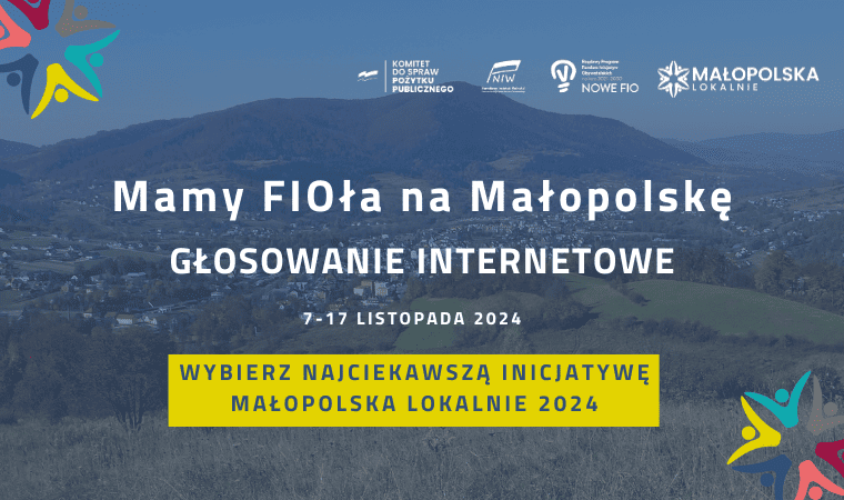 Granatowa grafika z logotypami, krajobrazem Małopolski i hasłem: Mamy FIOła na Małopolskę – Głosowanie Internetowe 2024.