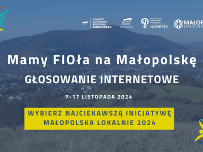 Granatowa grafika z logotypami, krajobrazem Małopolski i hasłem: Mamy FIOła na Małopolskę – Głosowanie Internetowe 2024.