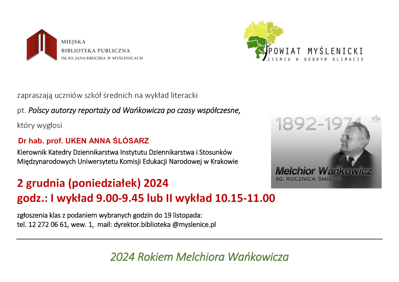 Grafika informacyjna z logotypami zapraszająca na wykład literacki w Miejskiej Bibliotece Publicznej w Myślenicach