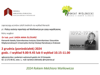 Grafika informacyjna z logotypami zapraszająca na wykład literacki w Miejskiej Bibliotece Publicznej w Myślenicach