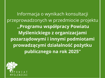 Zielony plakat informujący o konsultacjach Programu współpracy PM z organizacjami pozarządowymi na rok 2025.