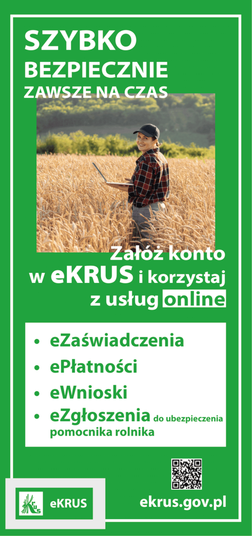 Zielona ulotka zachęcająca do skorzystania z usług online na portalu eKRUS