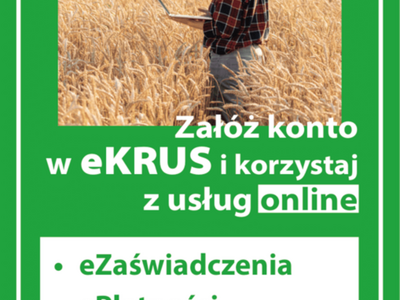 Zielona ulotka zachęcająca do skorzystania z usług online na portalu eKRUS