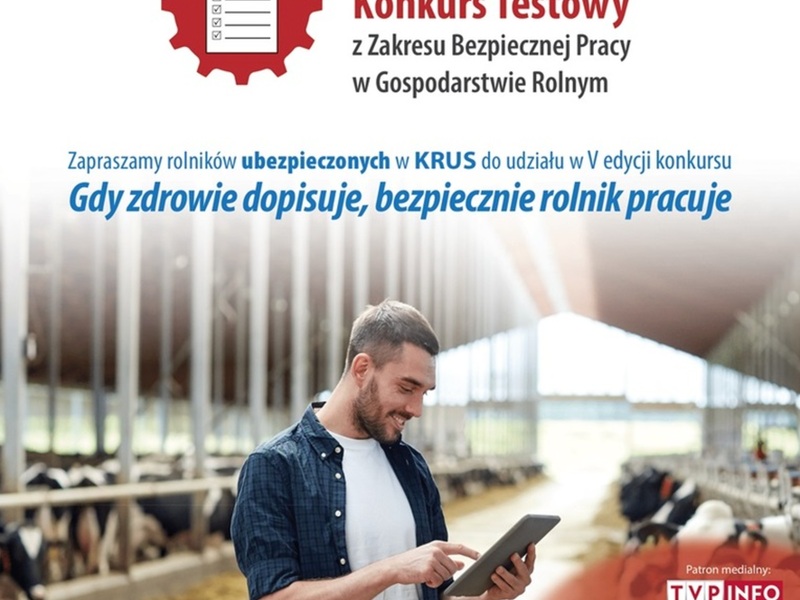 Biało-czerwony plakat informujący o konkursie, na grafice widoczny jest uśmiechnięty mężczyzna z tabletem w dłoni.